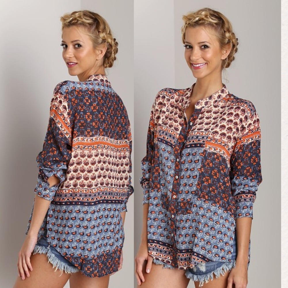 Free People Patchwork Boho Button Down Shirt | Blue Orange SMALL, boho hippie